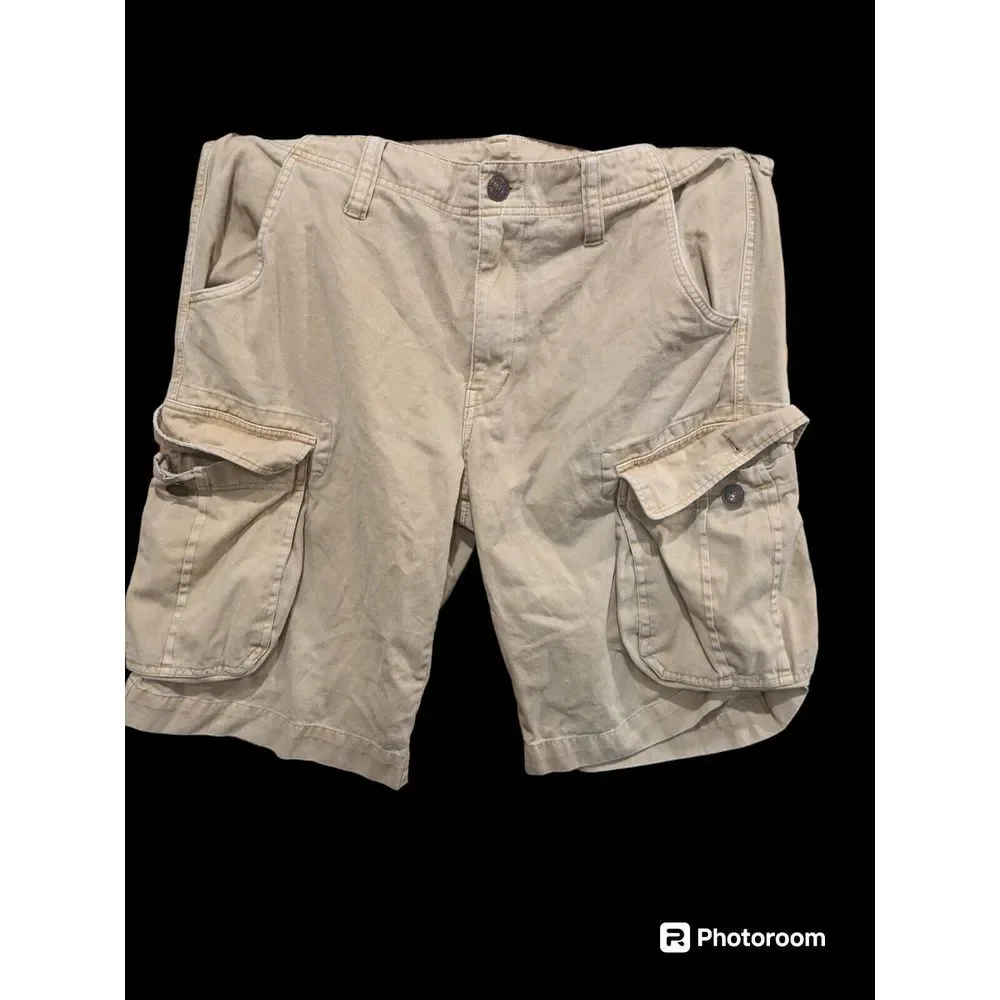 True Religion Cargo Shorts Men's Size 33 Actual 34 Flat Front Khaki Tan  Distres